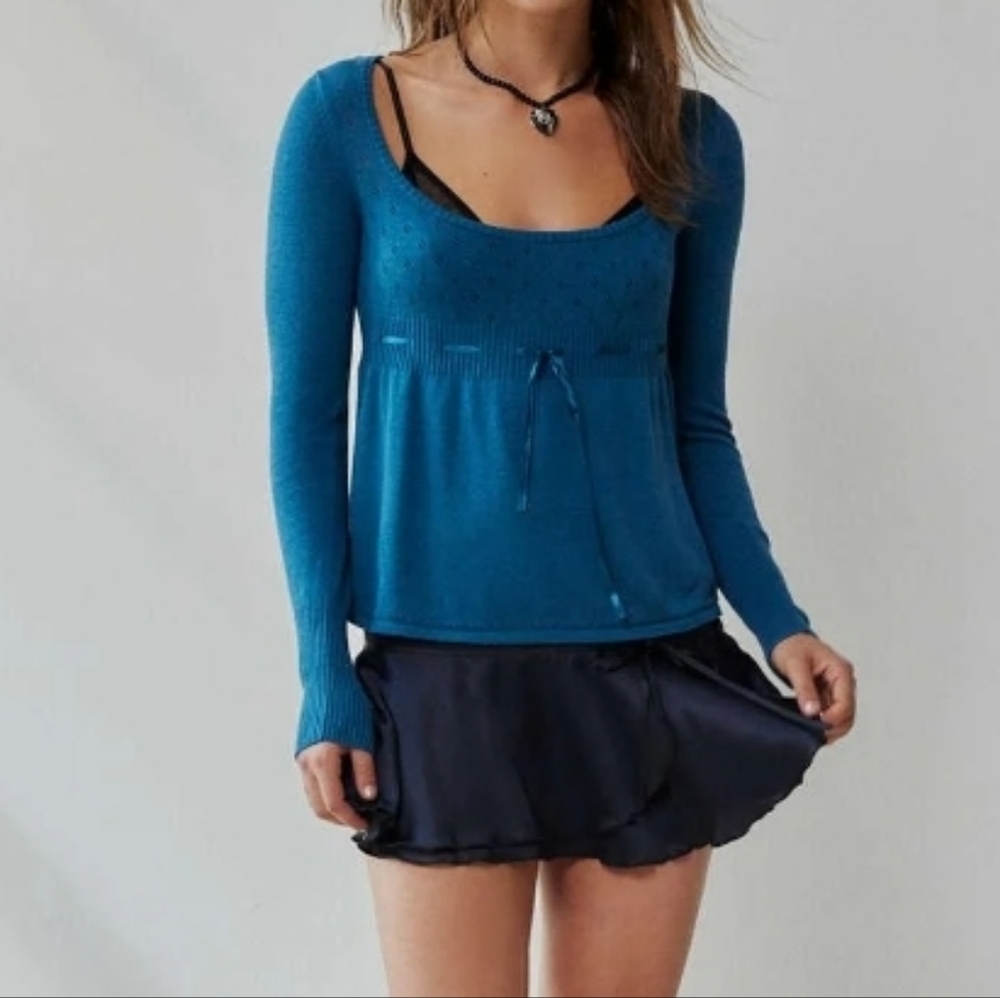 UO Kimchi Brinley Blue Cotton Blend Peplum Baby Doll Pointelle Sweater M Blue